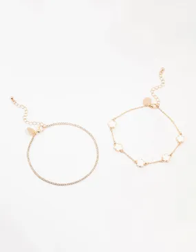 Gold Flower & Cup Chain Anklets 2-Pack