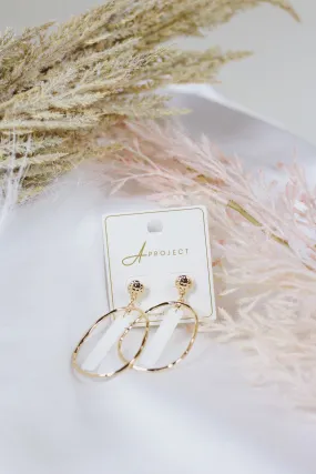 Gold Open Oval with White Acrylic Bar 2" Earring