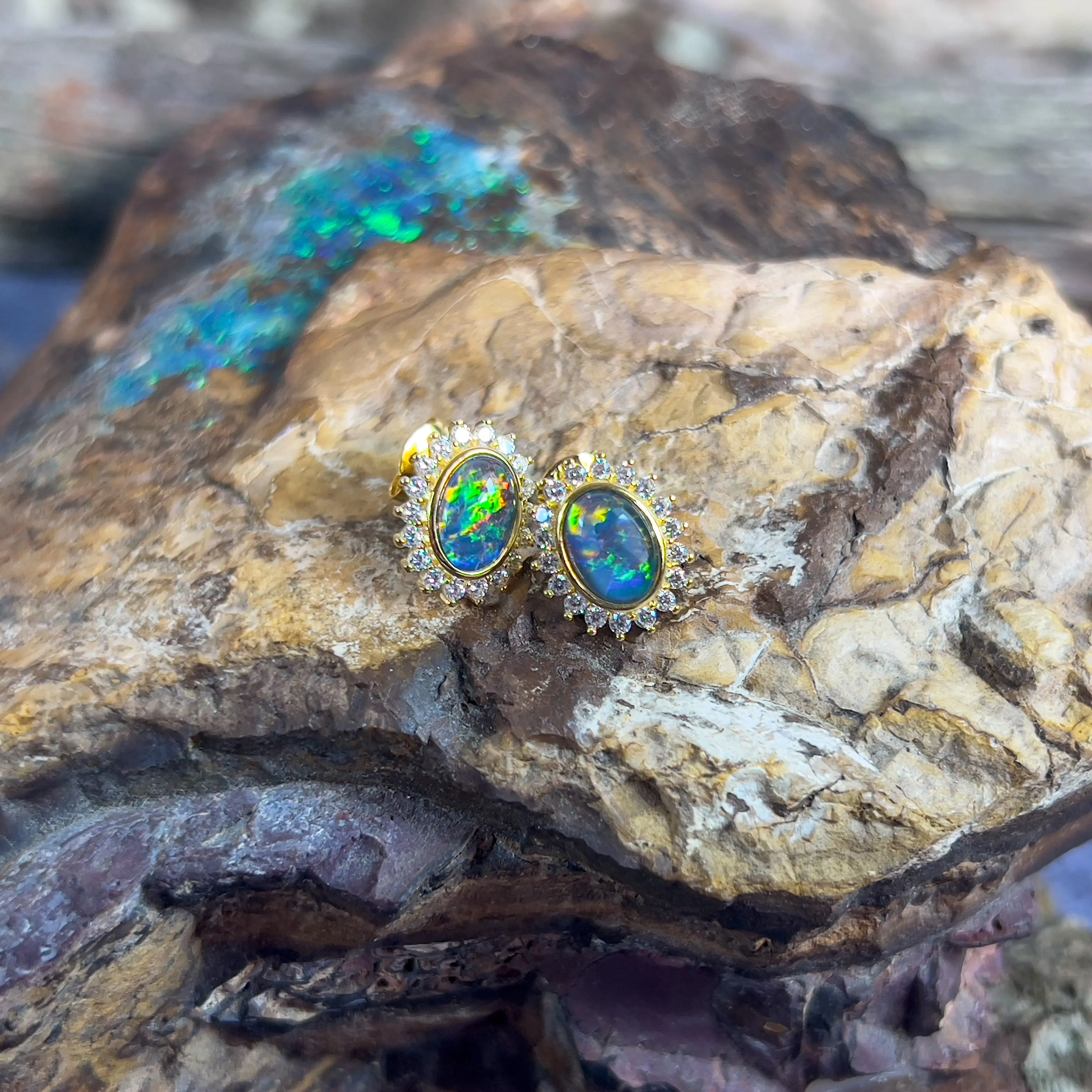 Gold plated Opal triplet 7x5mm cluster stud earrings