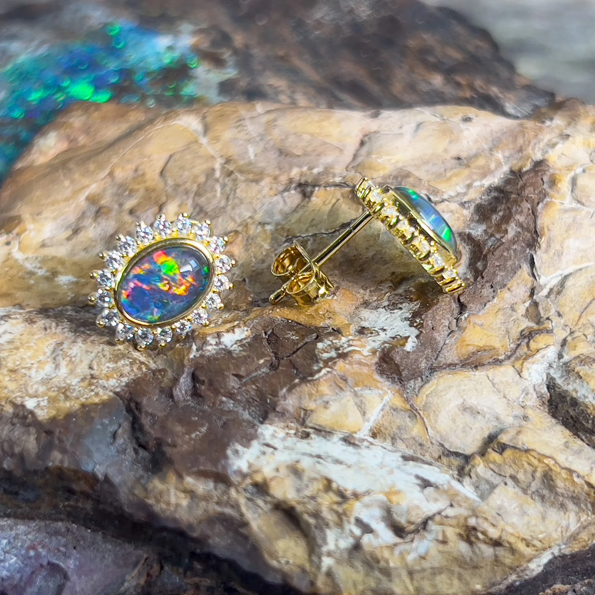 Gold plated Opal triplet 7x5mm cluster stud earrings