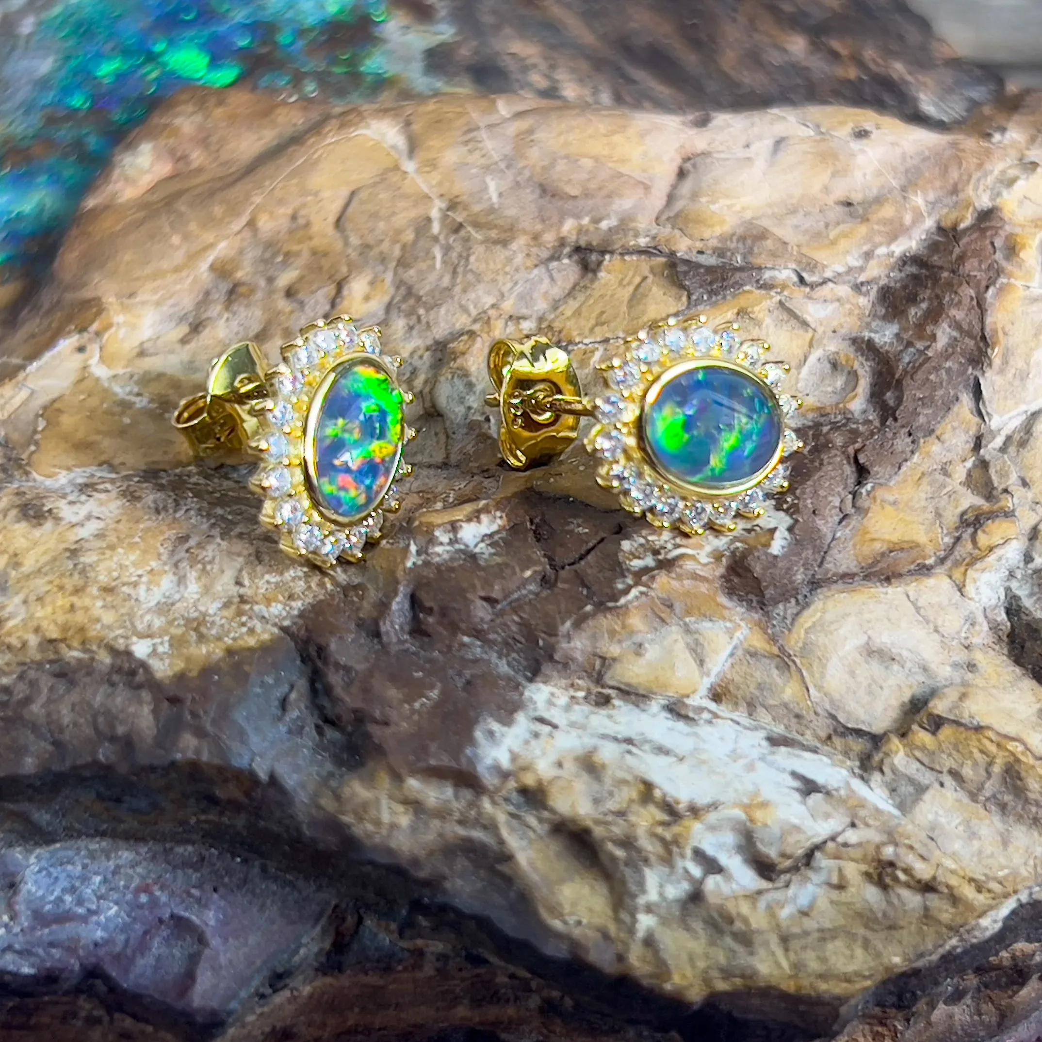 Gold plated Opal triplet 7x5mm cluster stud earrings