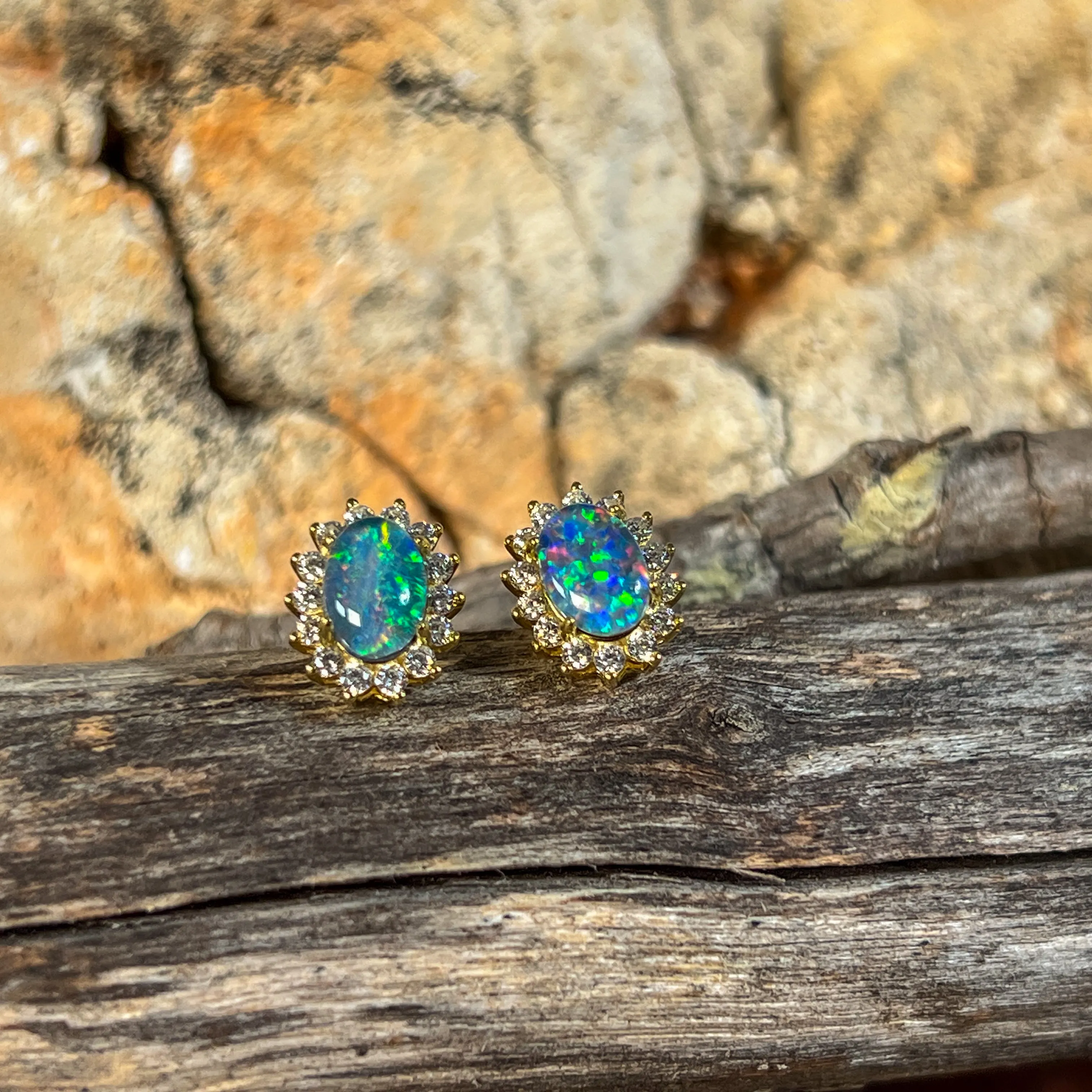 Gold Plated Silver 7x5mm Opal triplet cluster studs oval shape
