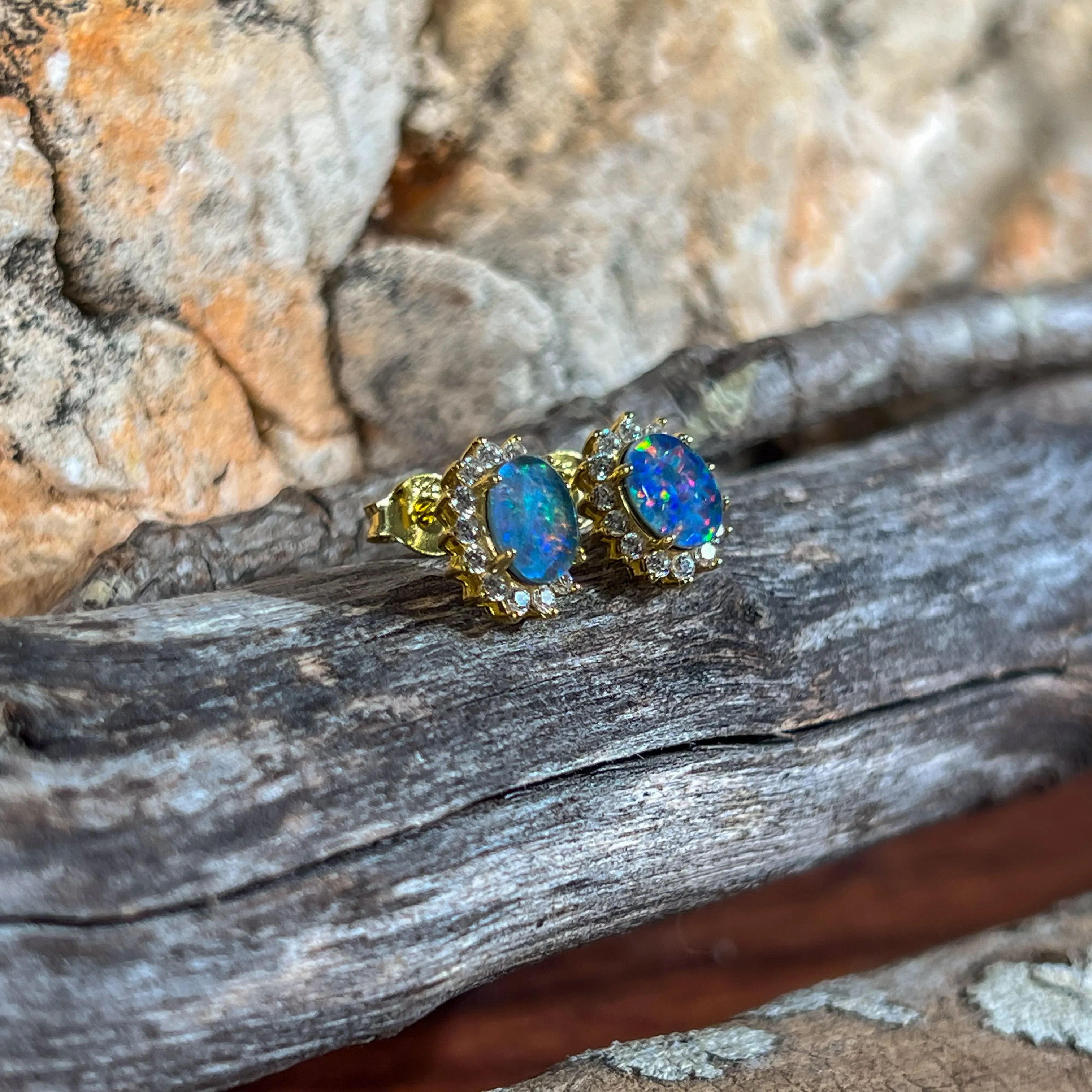 Gold Plated Silver 7x5mm Opal triplet cluster studs oval shape