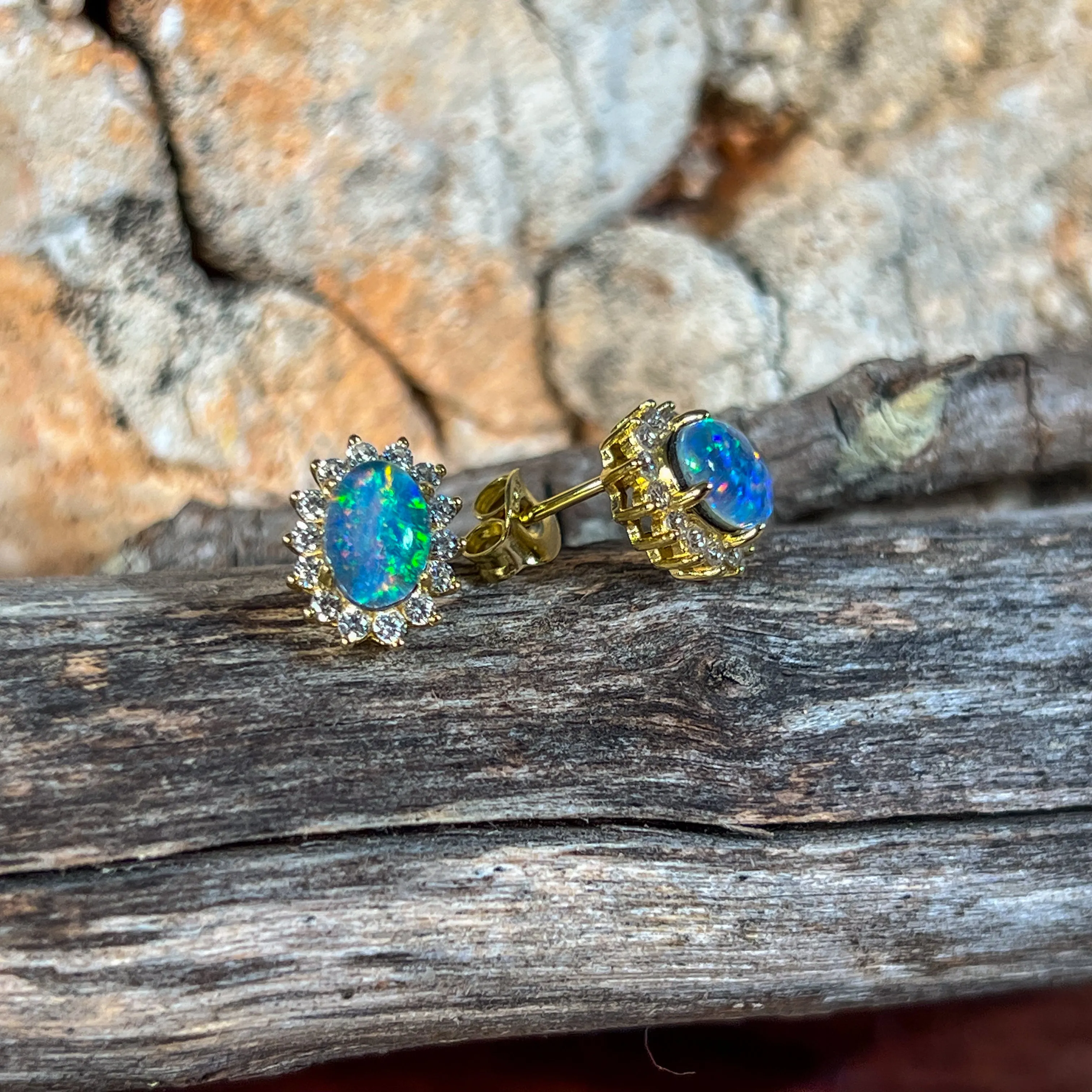 Gold Plated Silver 7x5mm Opal triplet cluster studs oval shape
