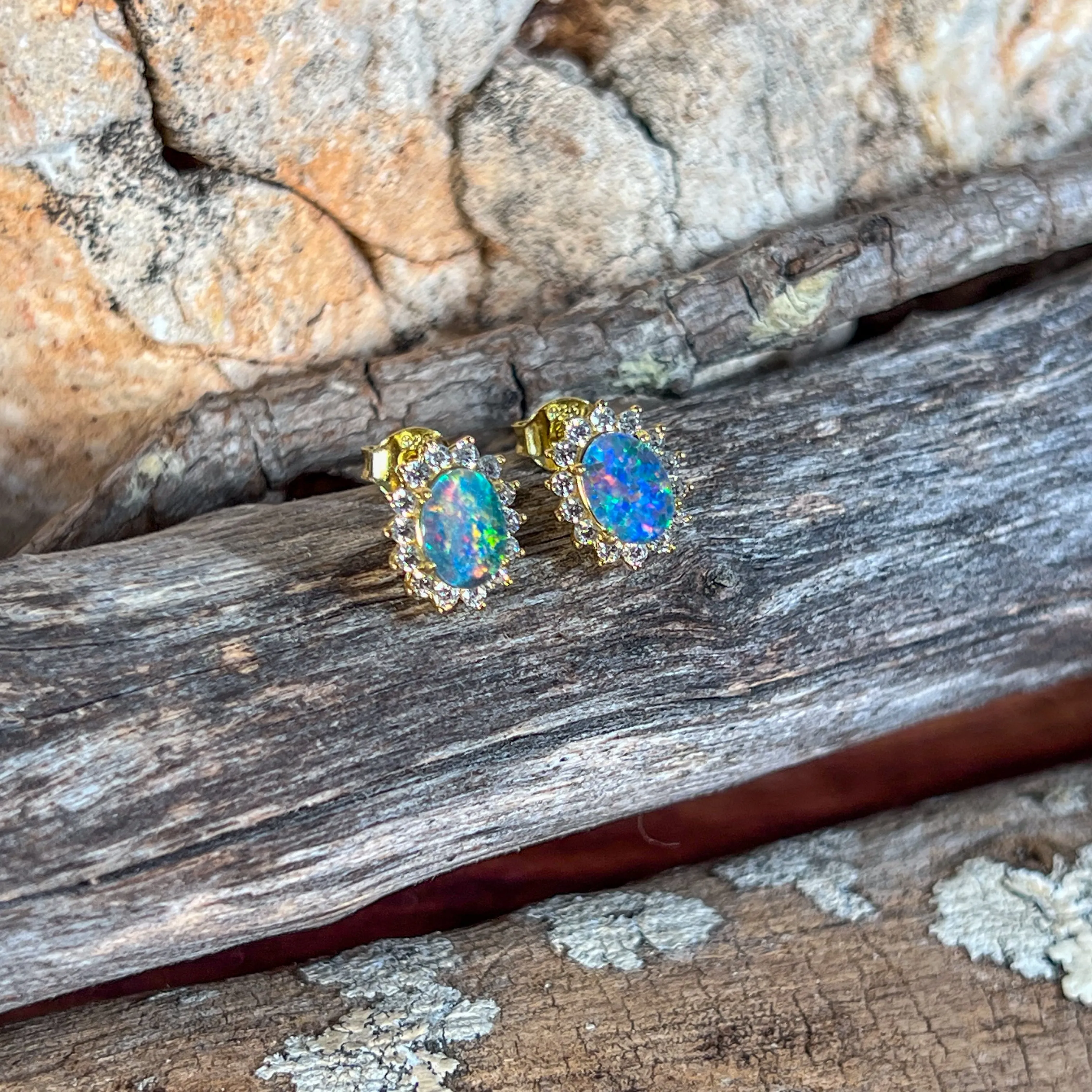 Gold Plated Silver 7x5mm Opal triplet cluster studs oval shape