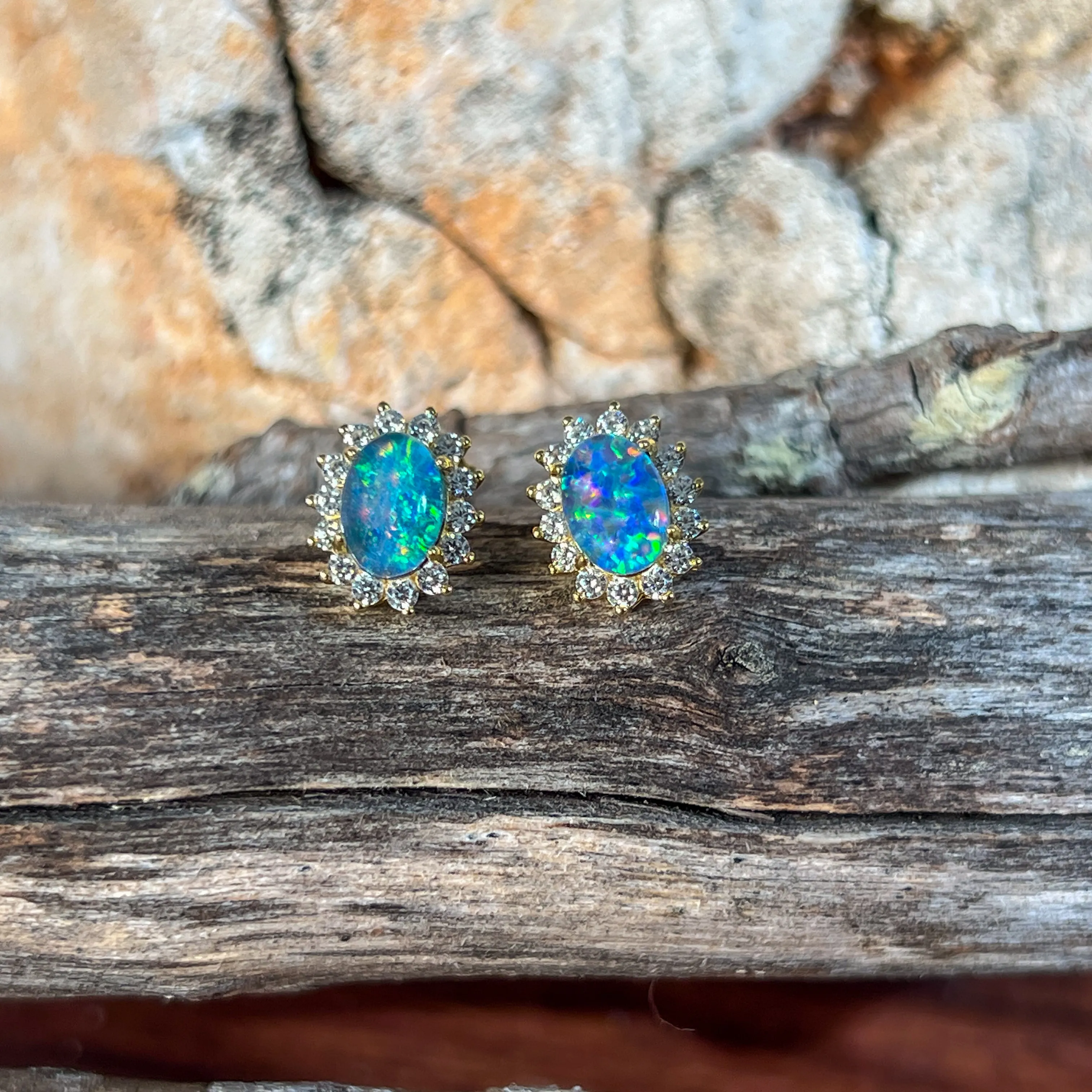 Gold Plated Silver 7x5mm Opal triplet cluster studs oval shape