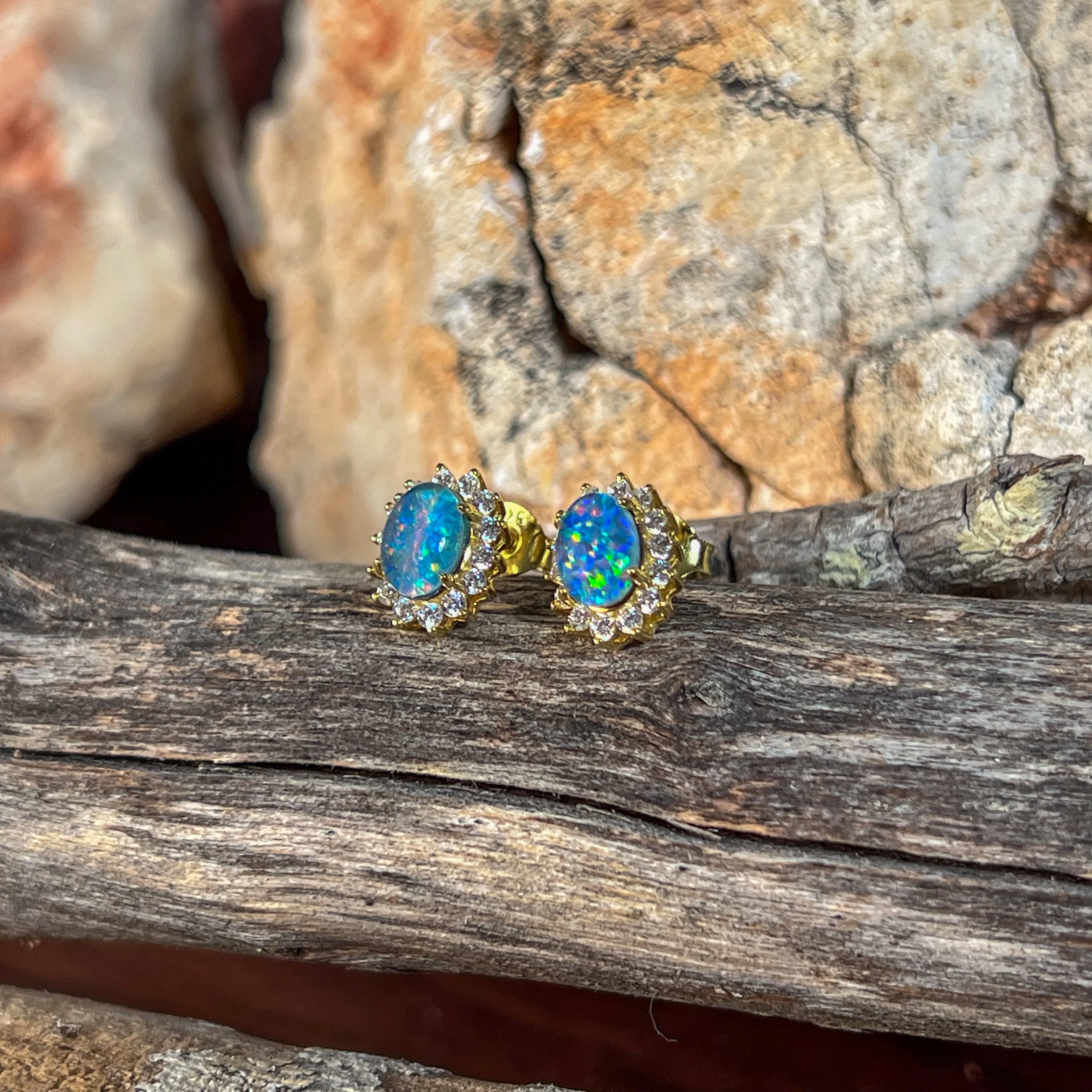 Gold Plated Silver 7x5mm Opal triplet cluster studs oval shape