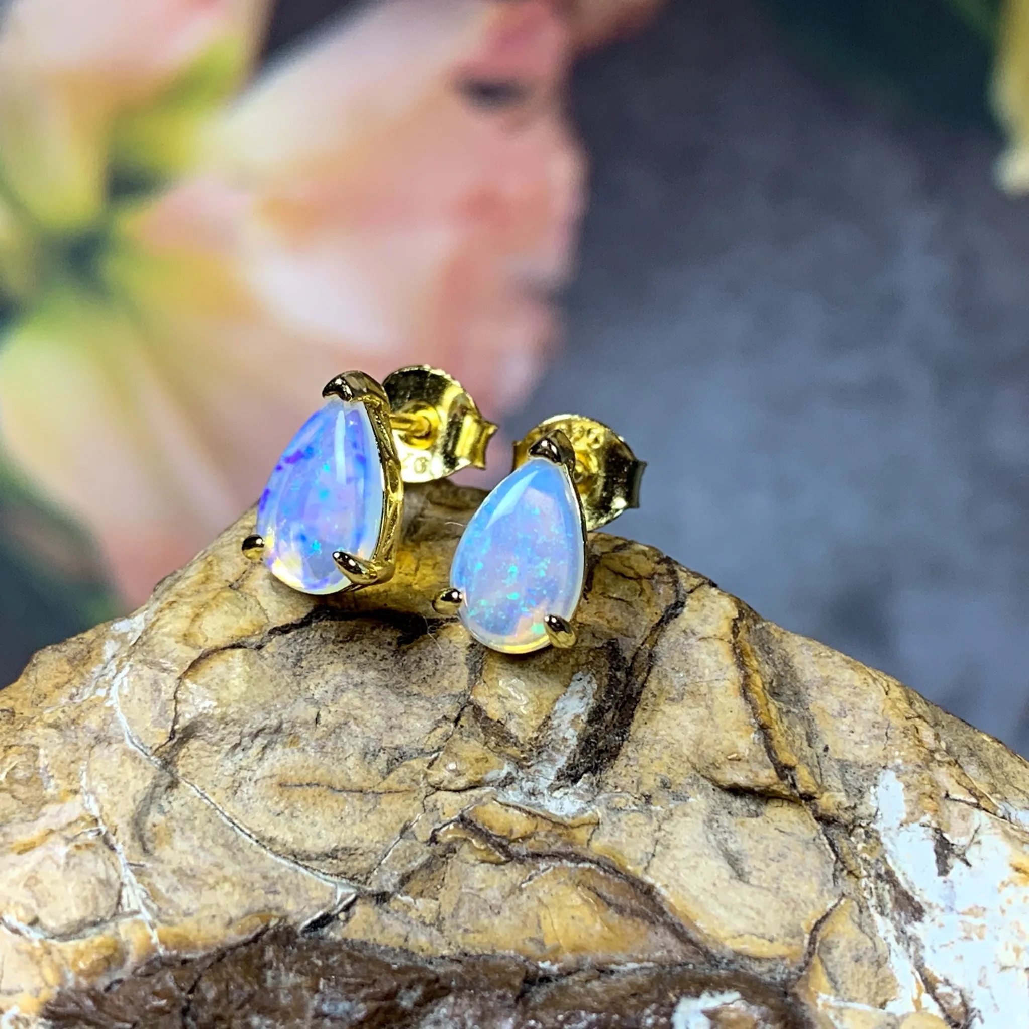 Gold plated silver 8x5mm pearshape White Opal studs