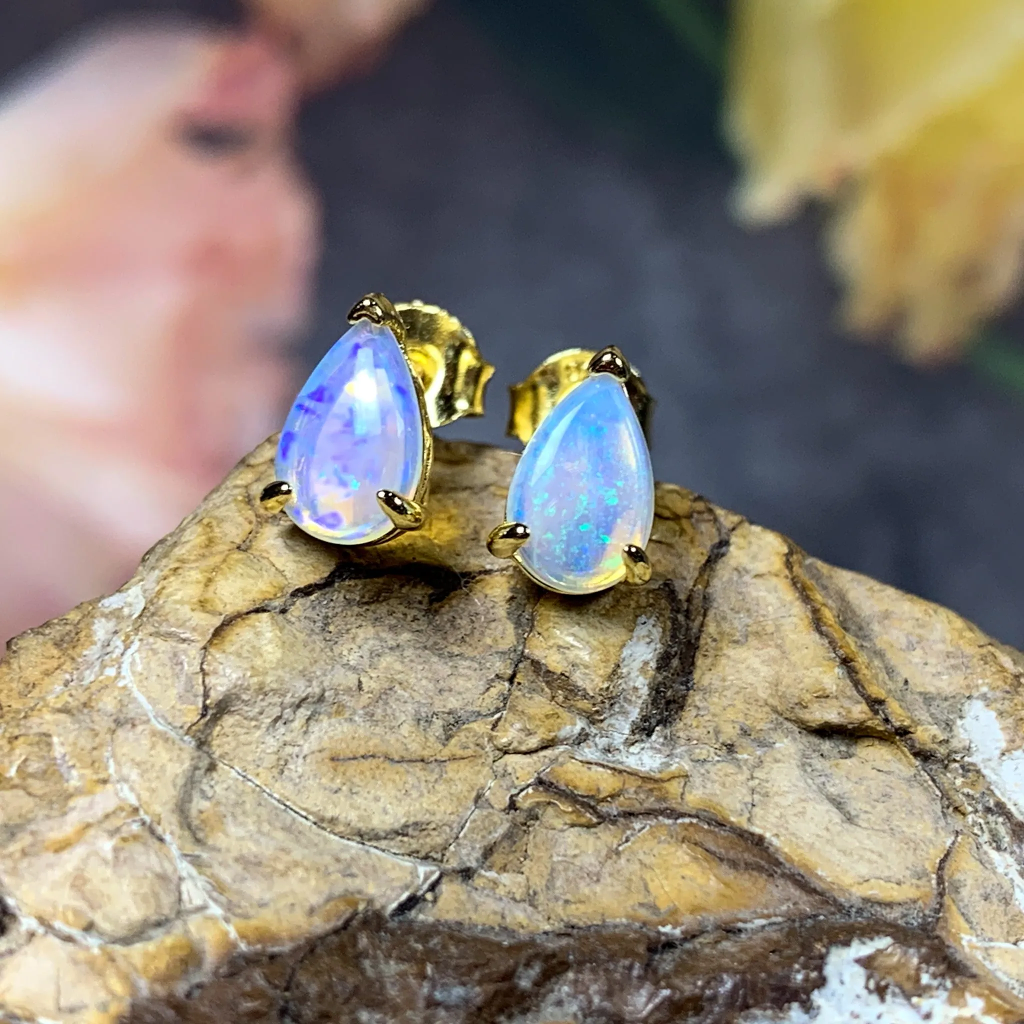 Gold plated silver 8x5mm pearshape White Opal studs