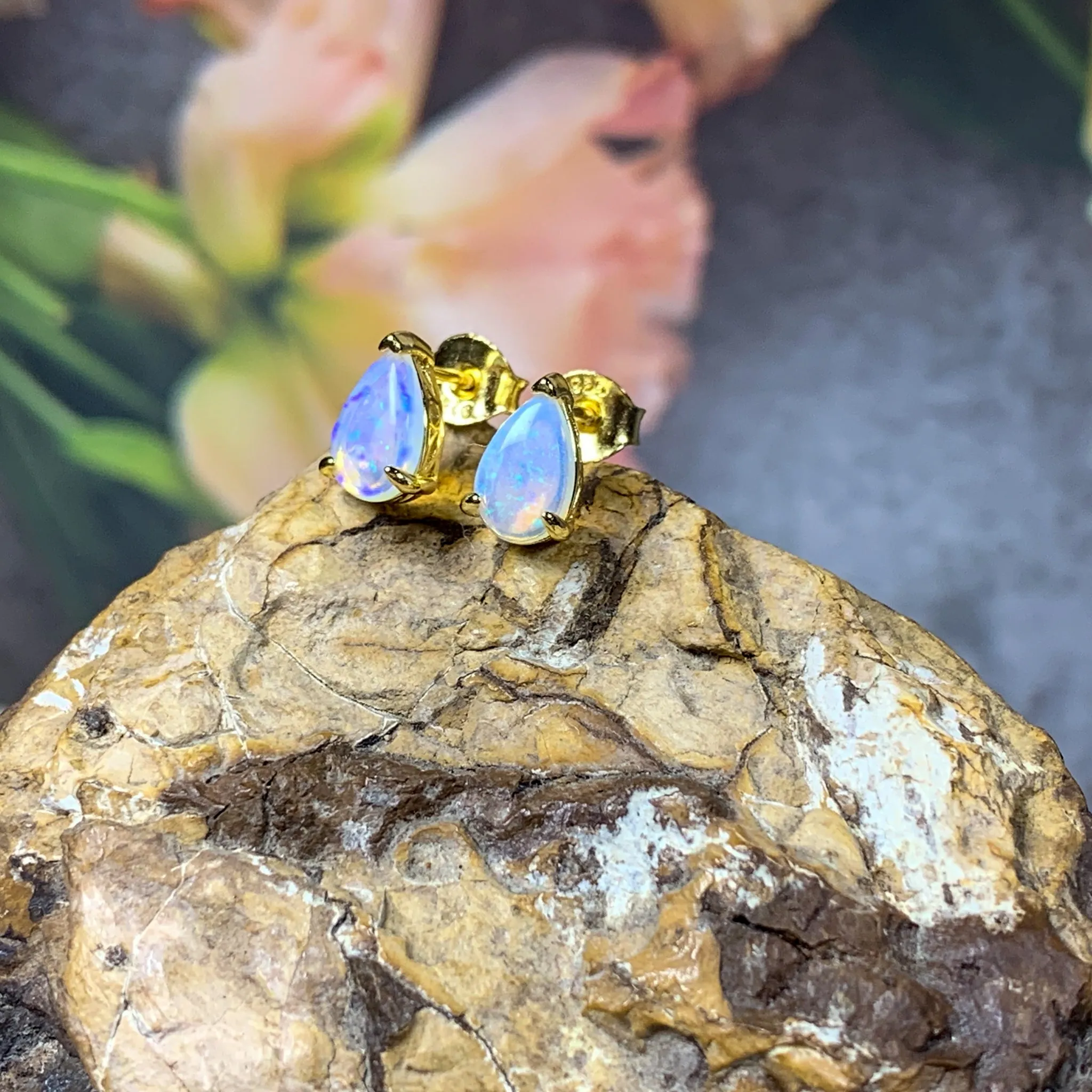 Gold plated silver 8x5mm pearshape White Opal studs