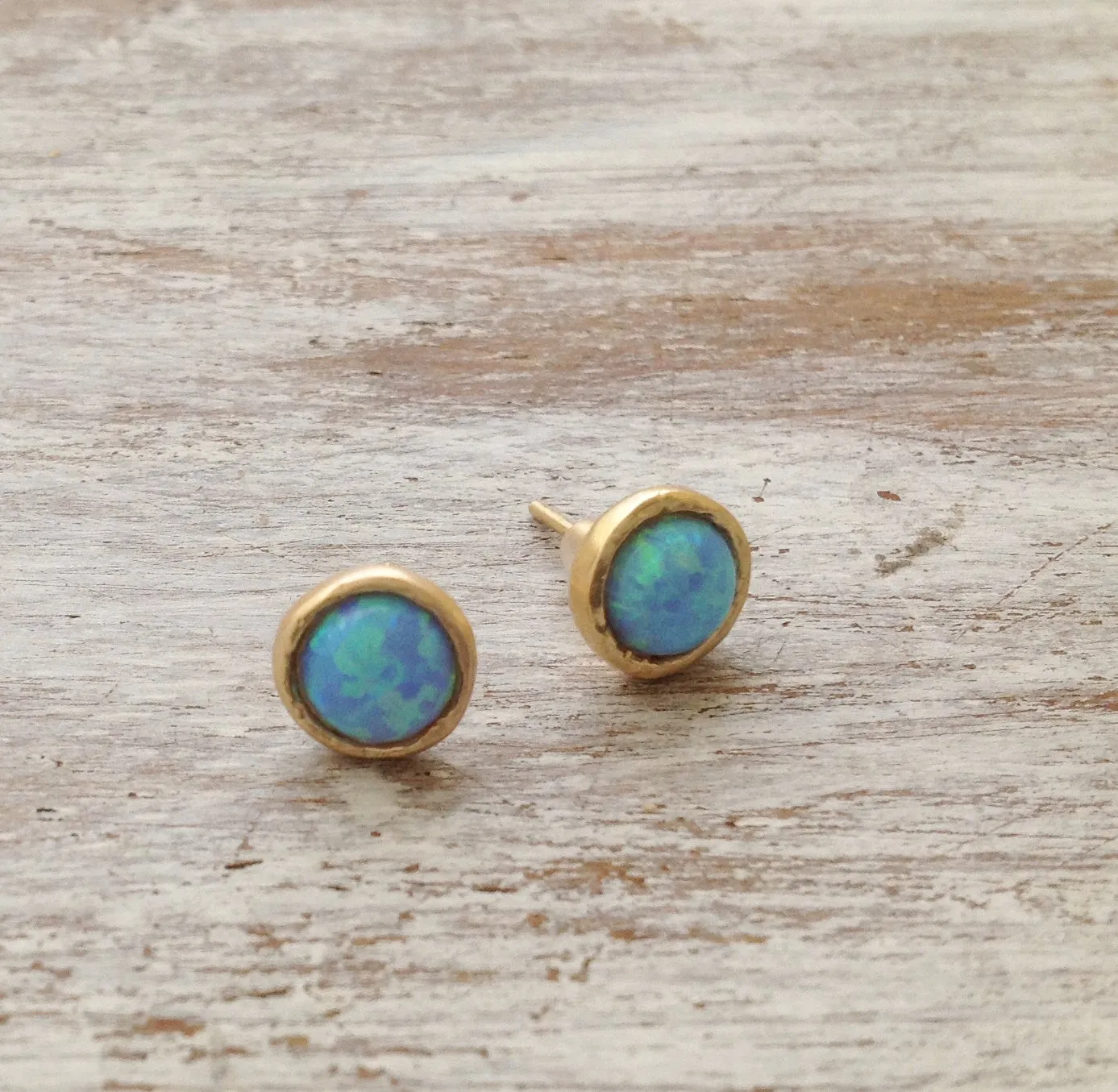 Gold Stud Earrings white opal gemstone 14k