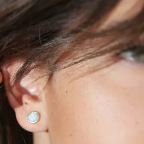 Gold Stud Earrings white opal gemstone 14k
