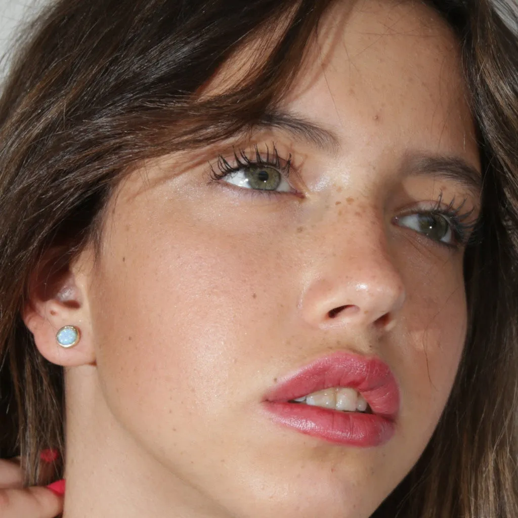 Gold Stud Earrings white opal gemstone 14k
