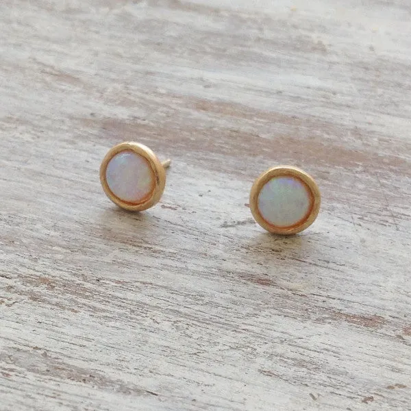 Gold Stud Earrings white opal gemstone 14k