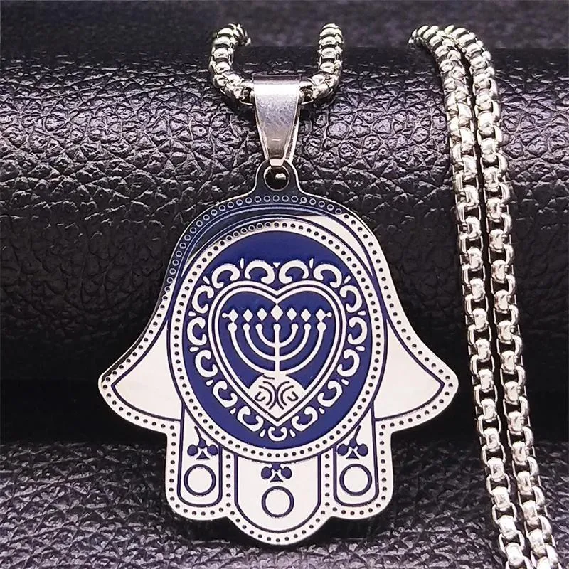 Hamsa Hand Stainless Steel Heart 7 Candles Chain Necklaces Blue Silver Color Necklaces