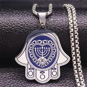 Hamsa Hand Stainless Steel Heart 7 Candles Chain Necklaces Blue Silver Color Necklaces