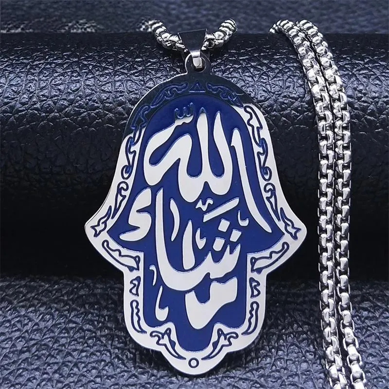 Hamsa Hand Stainless Steel Heart 7 Candles Chain Necklaces Blue Silver Color Necklaces