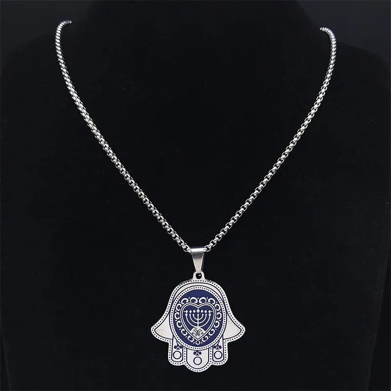 Hamsa Hand Stainless Steel Heart 7 Candles Chain Necklaces Blue Silver Color Necklaces
