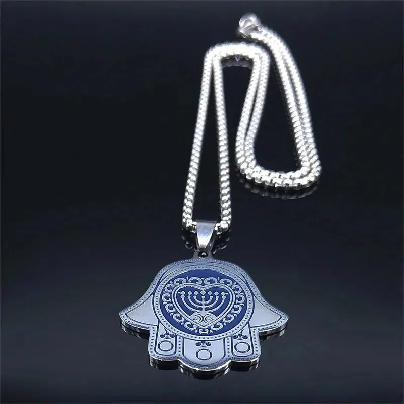 Hamsa Hand Stainless Steel Heart 7 Candles Chain Necklaces Blue Silver Color Necklaces