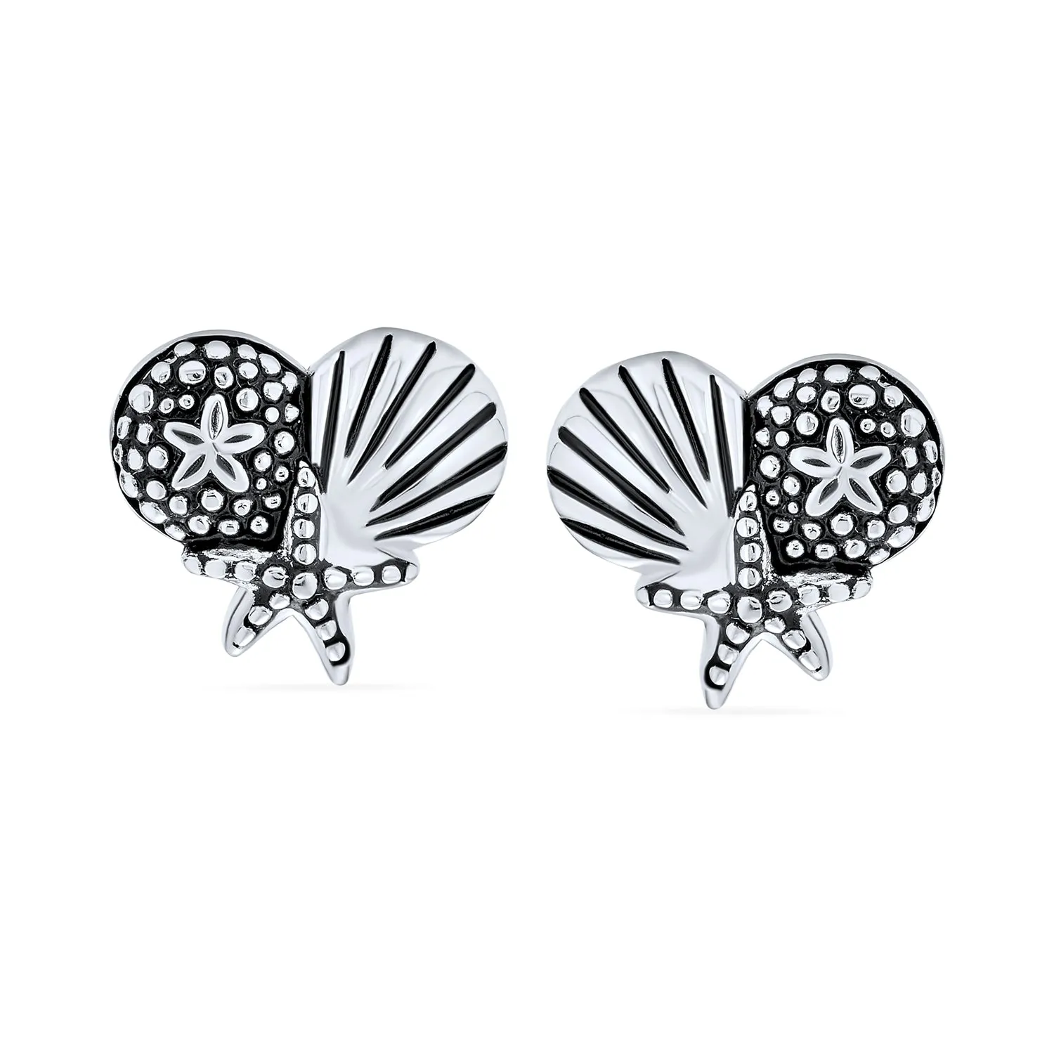 Hawaiian Beach Sand Dollar Starfish Seashell Stud Earrings in Sterling Silver