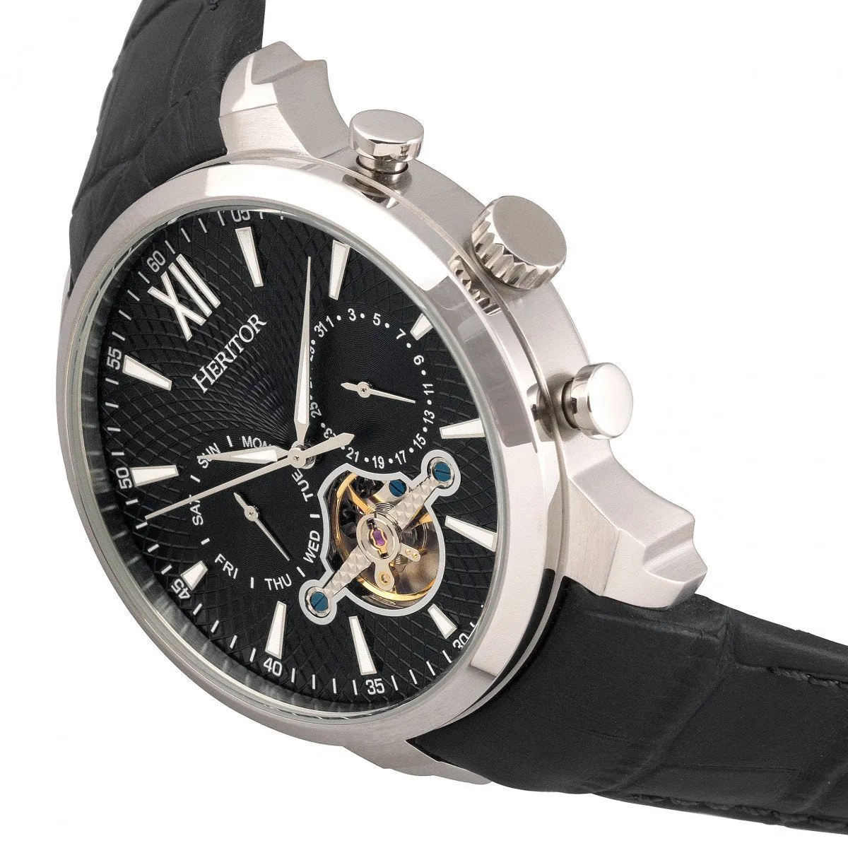 Heritor Automatic Arthur Semi-Skeleton Leather-Band Watch w/ Day/Date