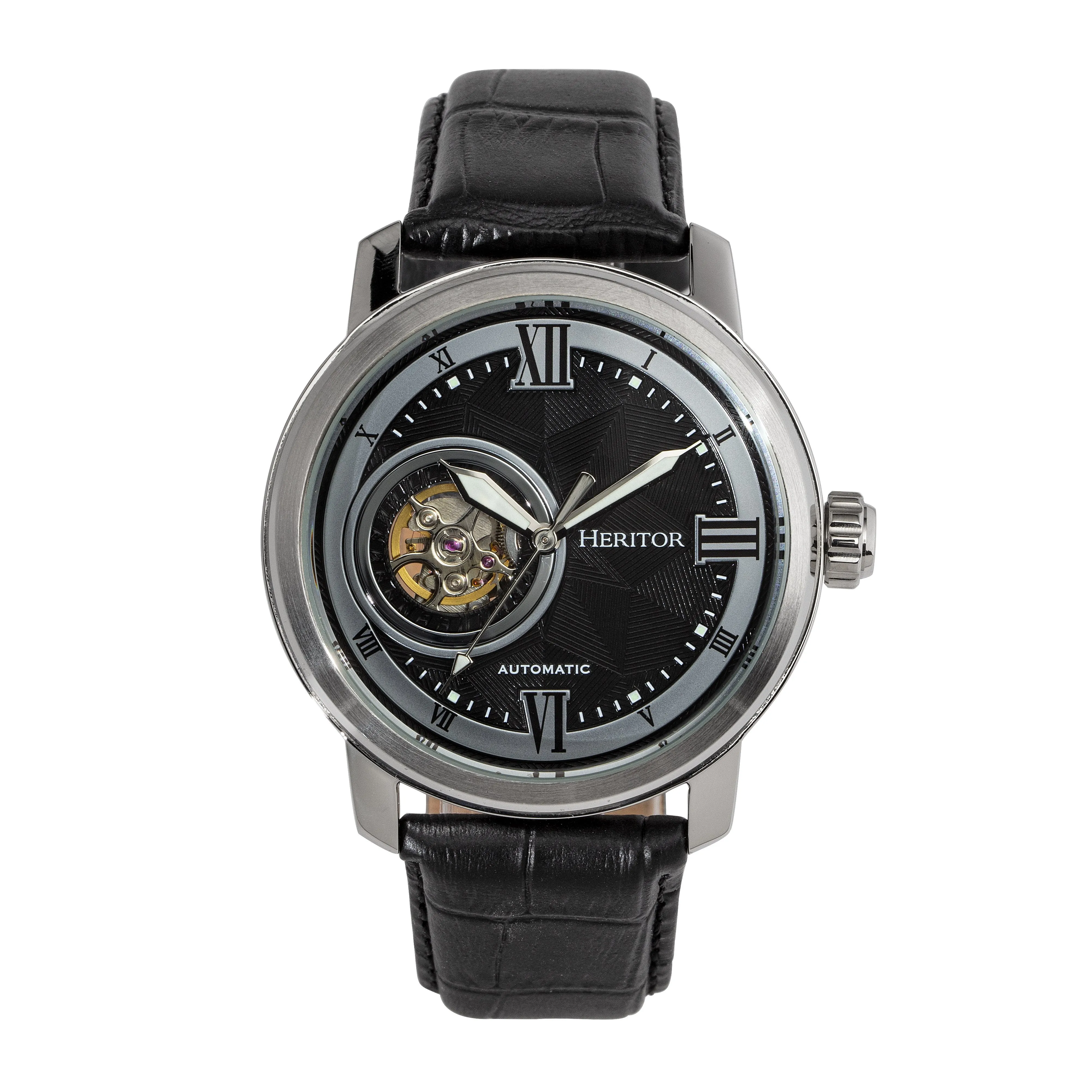 Heritor Automatic Maxim Semi-Skeleton Leather-Band Watch