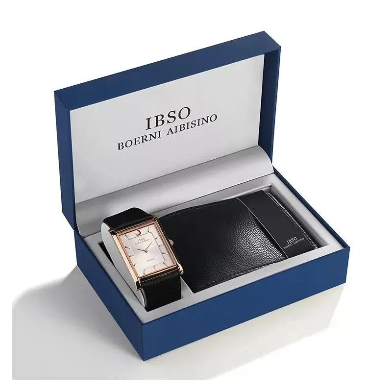 IBSO Men's Rectangle Ultra-thin Quartz Wallet Watches Gift Set For Him