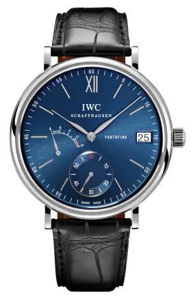 IWC Portofino Hand-Wound Eight Days Power Reserve Manual Wind Stainless Steel Blue Dial Black Leather Strap Date Mens Watch IW510106