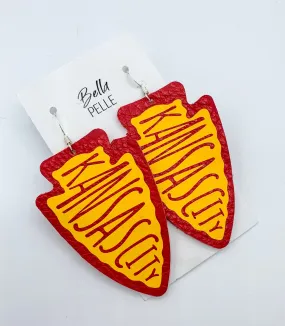 Kansas City Chiefs Red Faux Leather Arrowhead Earrings with Yellow Vinyl