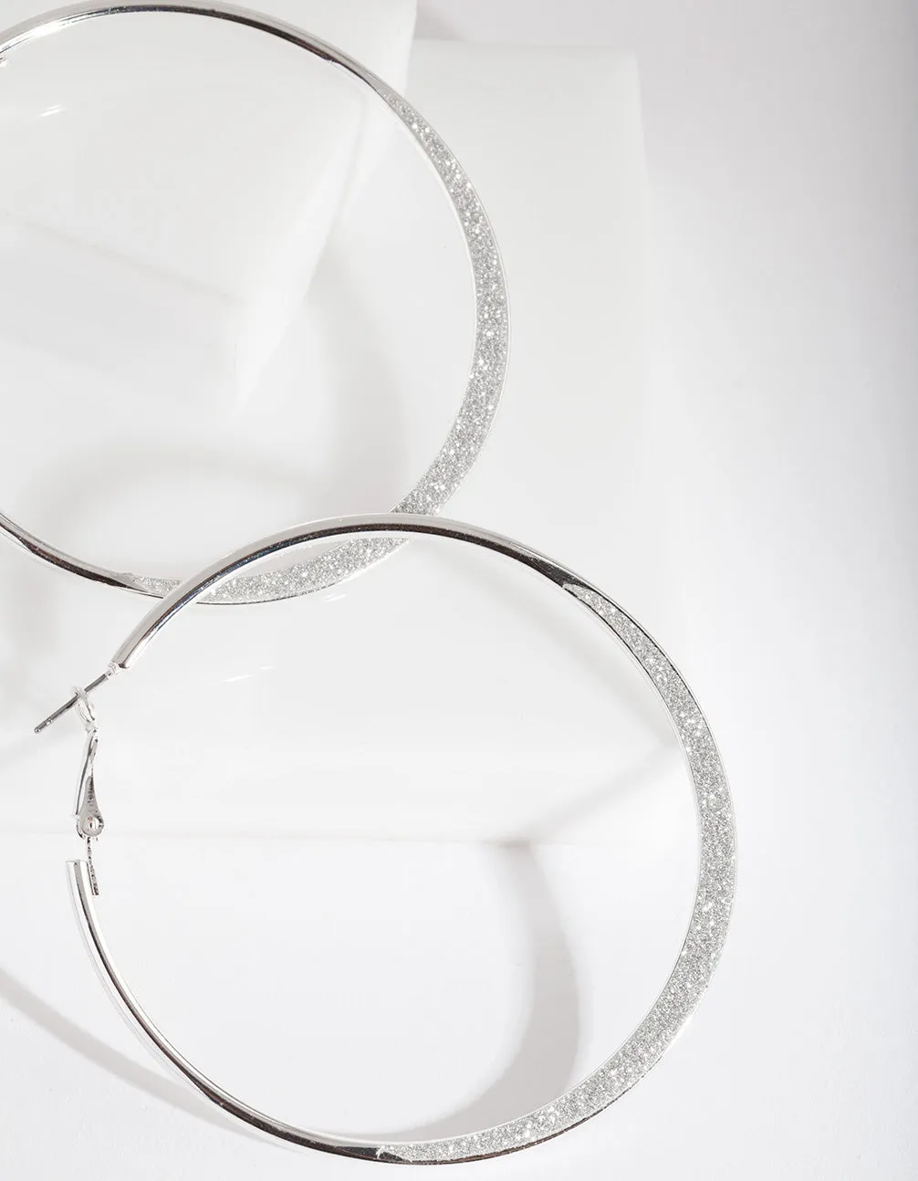 Large Silver Glitter Edge Hoop Earrings