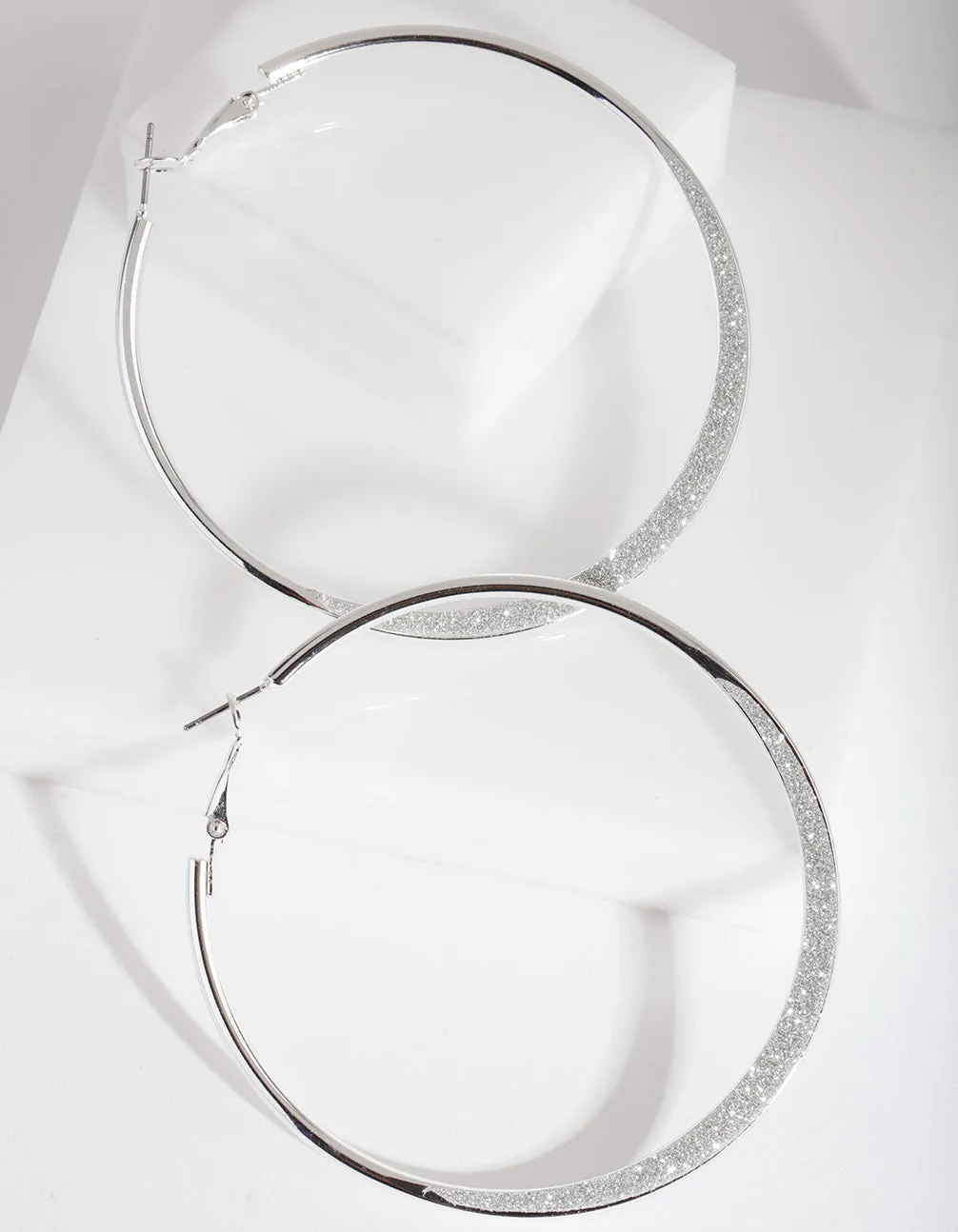 Large Silver Glitter Edge Hoop Earrings