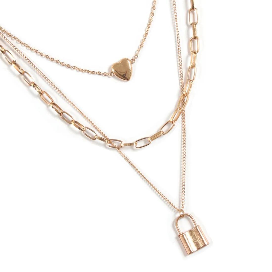 LOCK & HEART PENDANT STATEMENT LAYERED NECKLACE