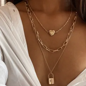 LOCK & HEART PENDANT STATEMENT LAYERED NECKLACE