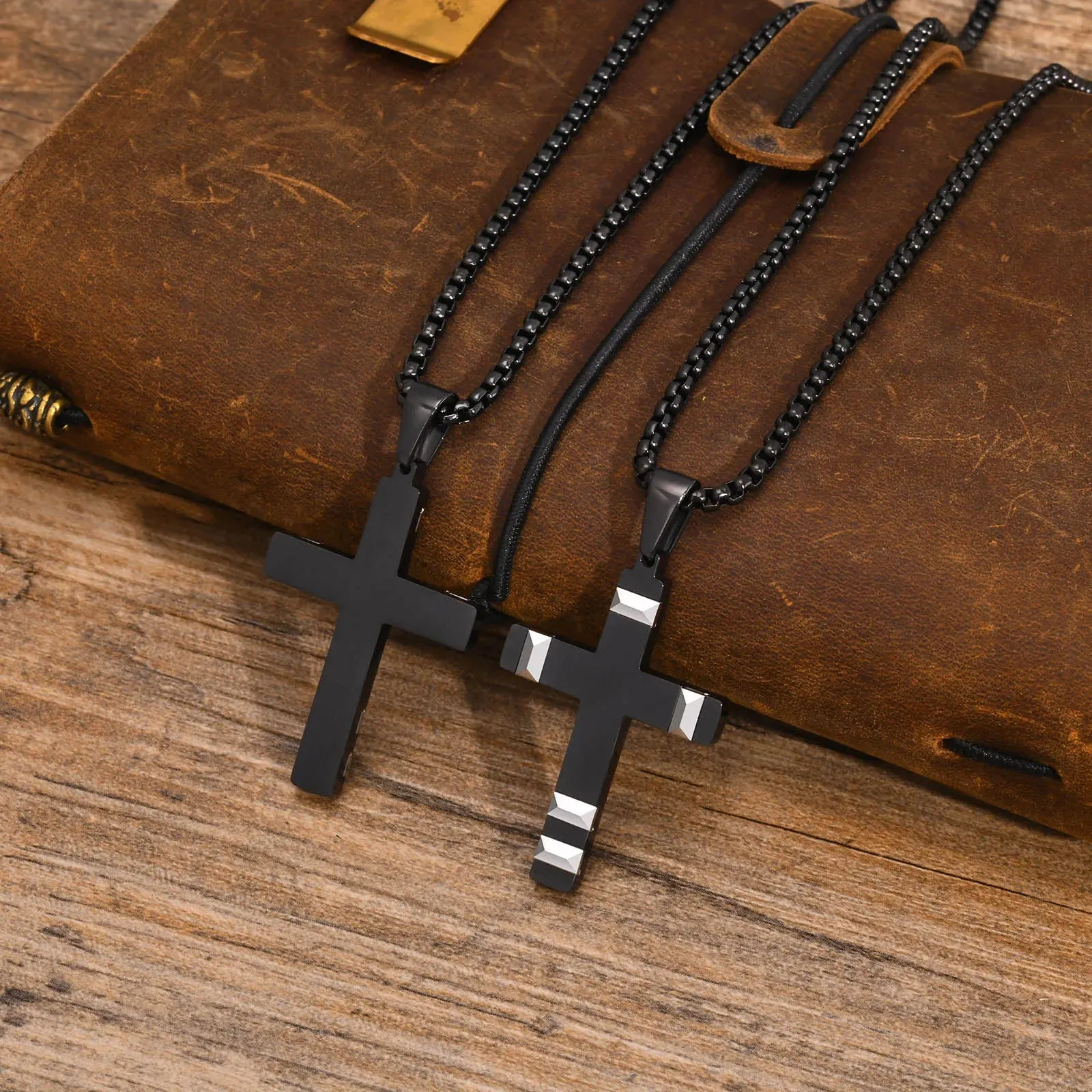 Mens Black Cross Necklaces,Waterproof Stainless Steel Bold Metal Cross Christ Faith Prayer Pendant