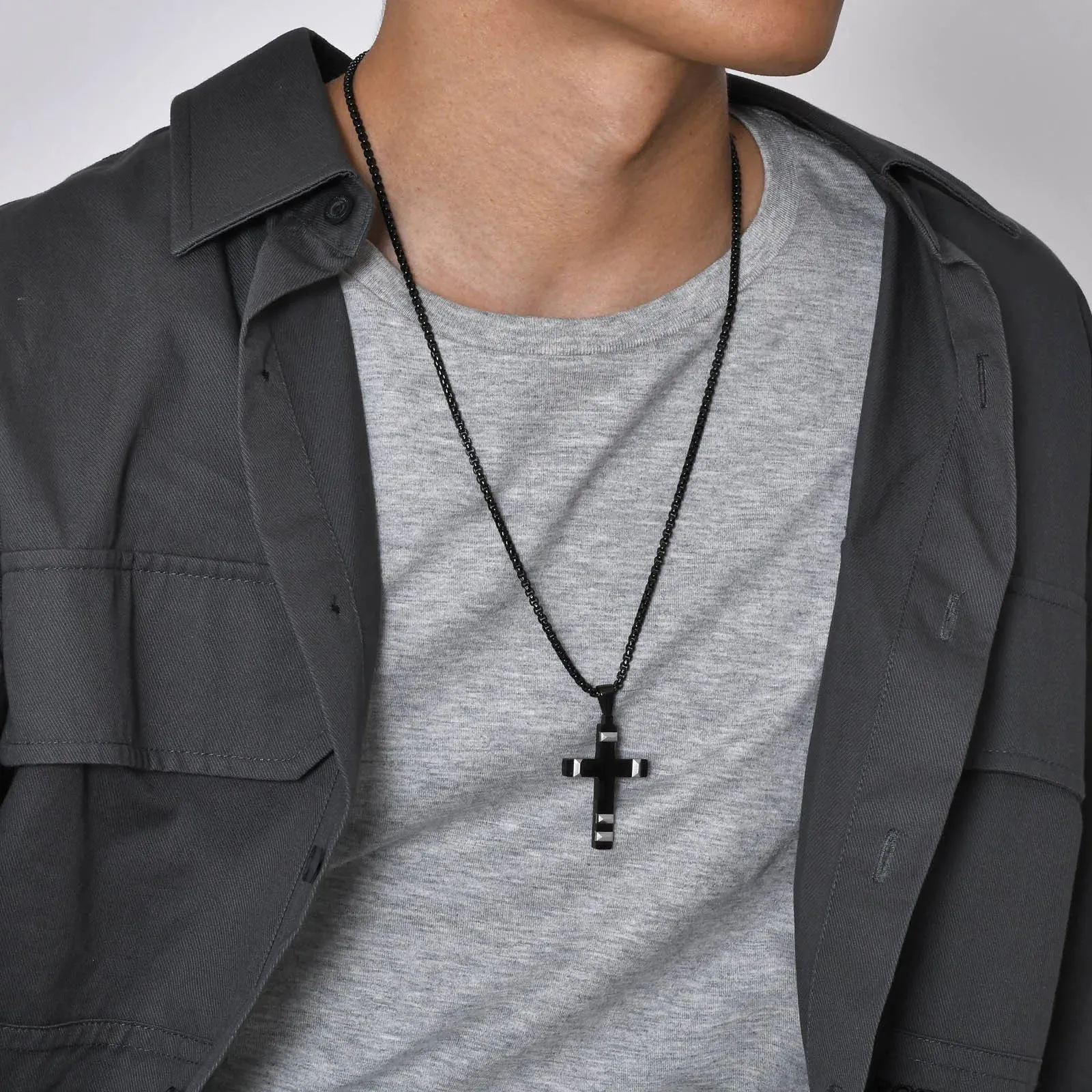Mens Black Cross Necklaces,Waterproof Stainless Steel Bold Metal Cross Christ Faith Prayer Pendant