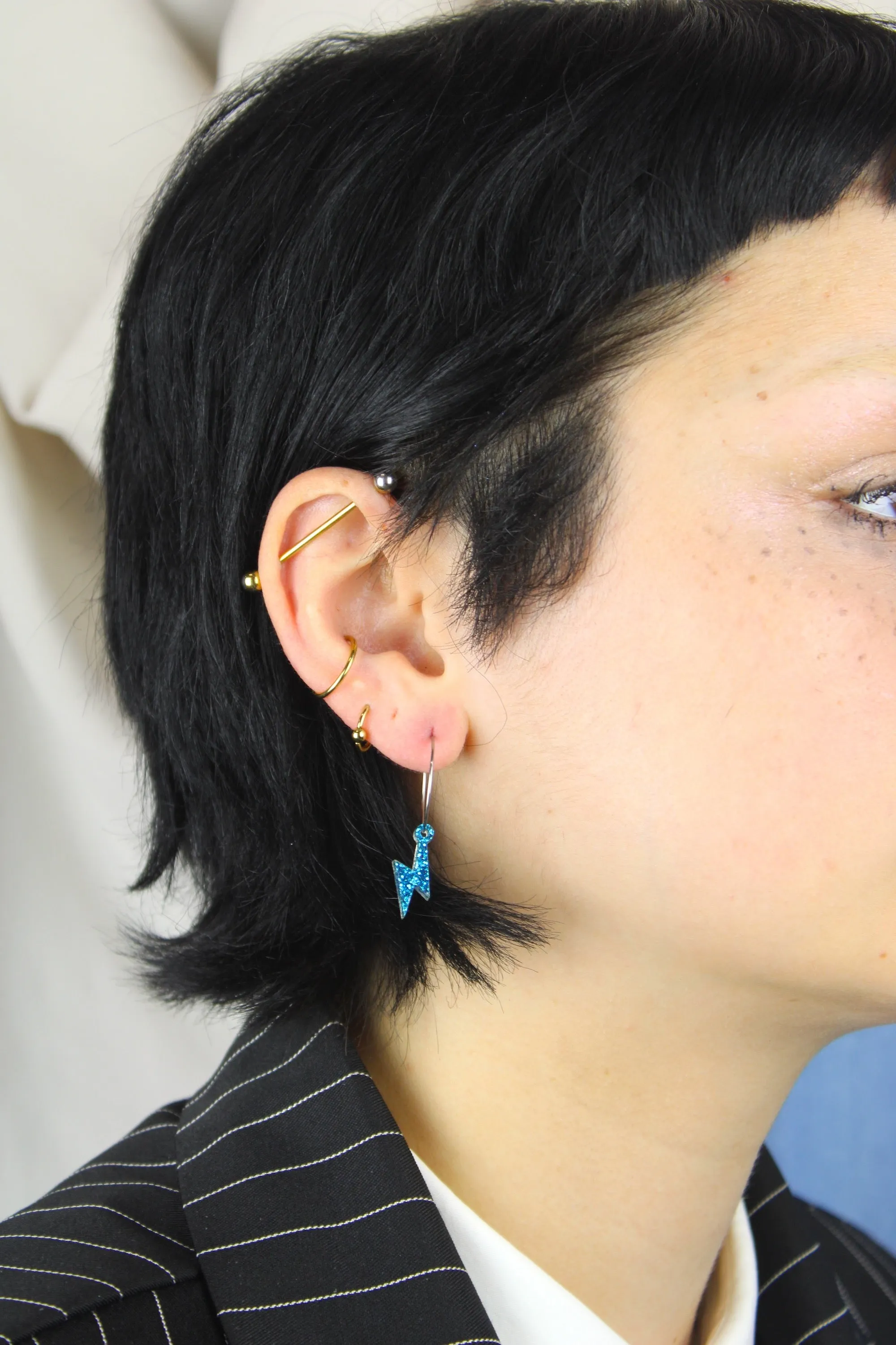 Mini Blue Glitter Lightning Bolt Hoop Earrings