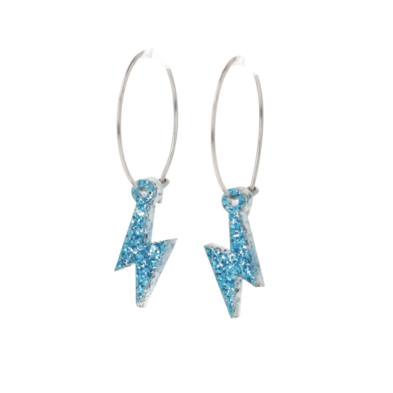 Mini Blue Glitter Lightning Bolt Hoop Earrings