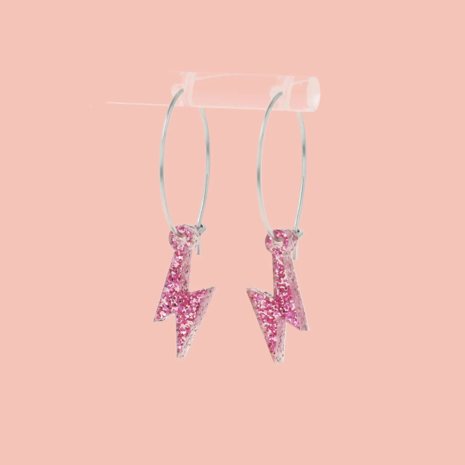 Mini Pink Glitter Lightning Bolt Hoop Earrings