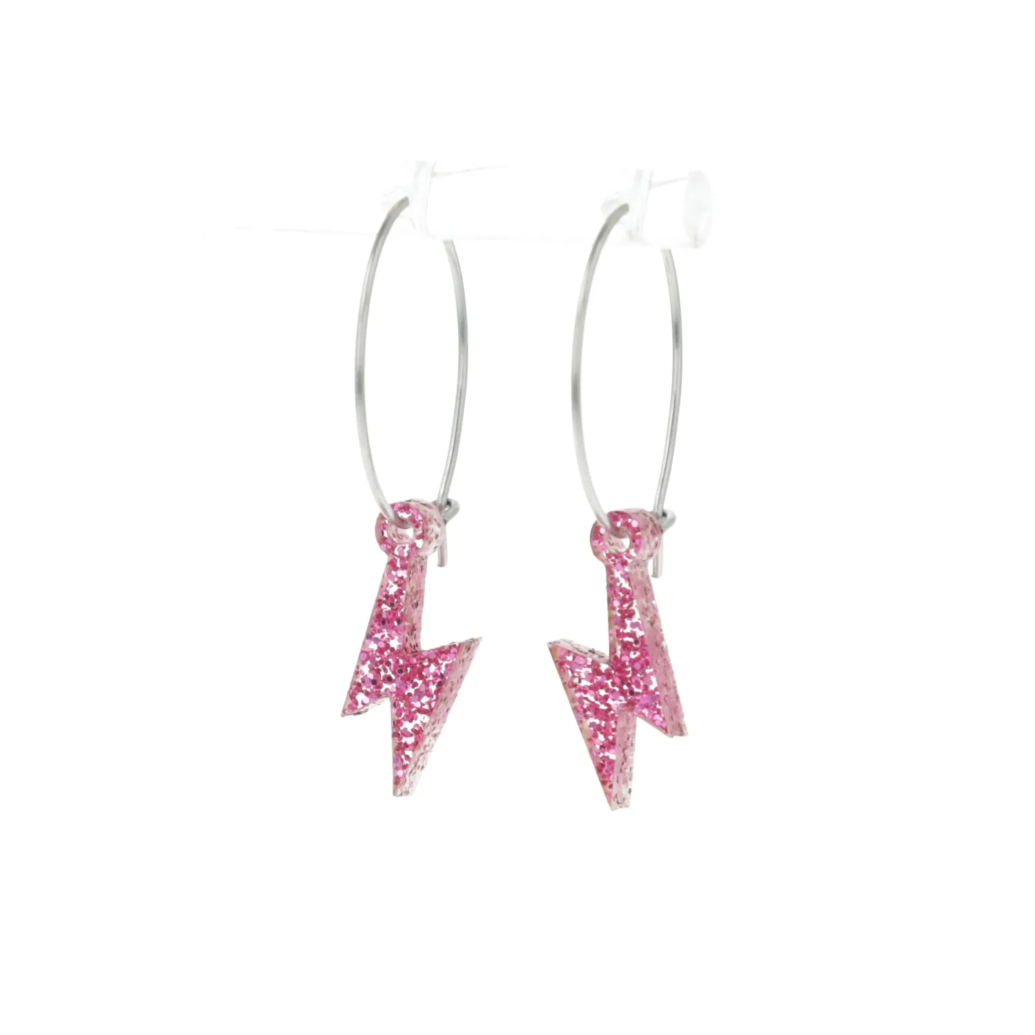 Mini Pink Glitter Lightning Bolt Hoop Earrings
