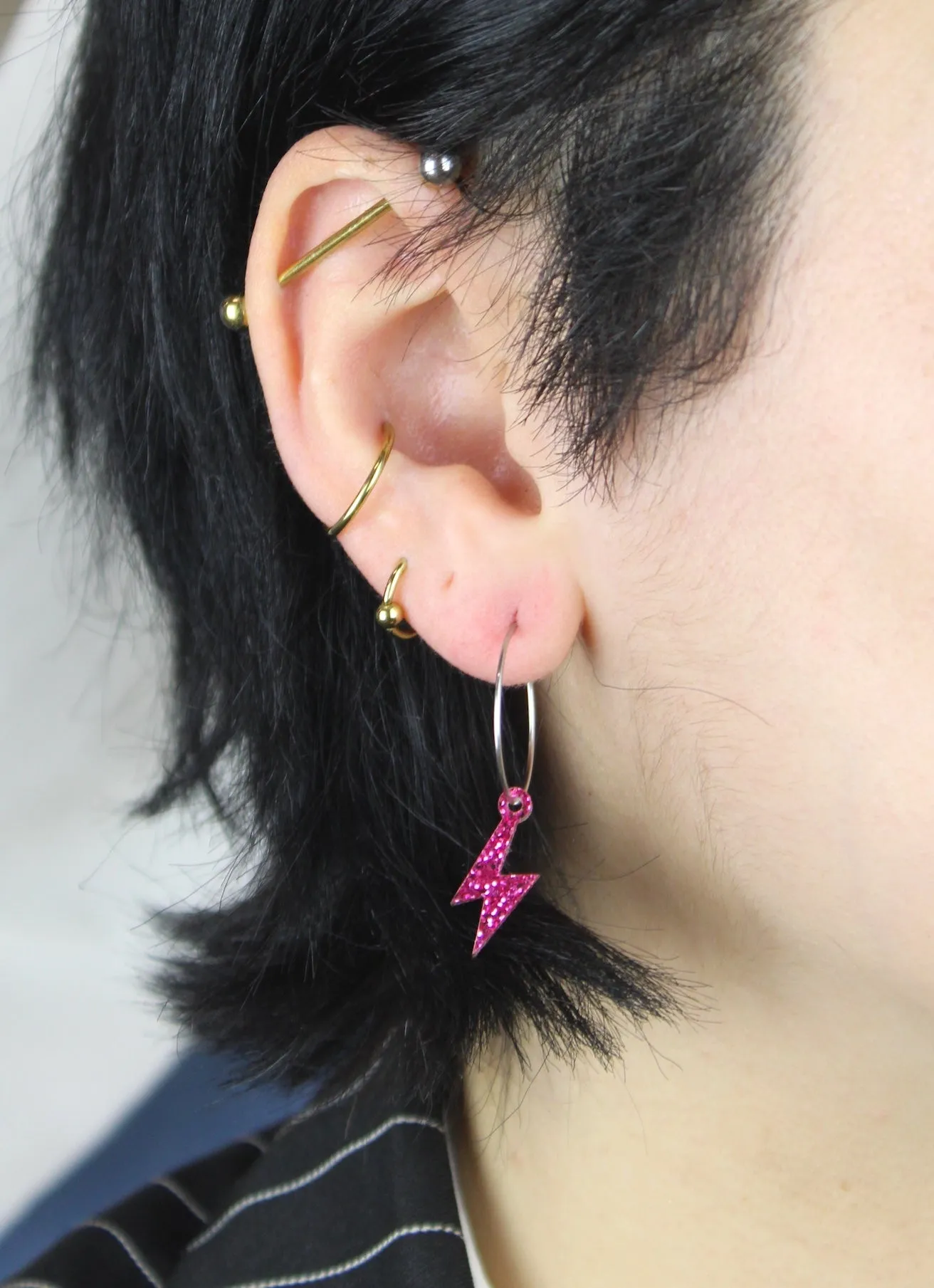 Mini Pink Glitter Lightning Bolt Hoop Earrings
