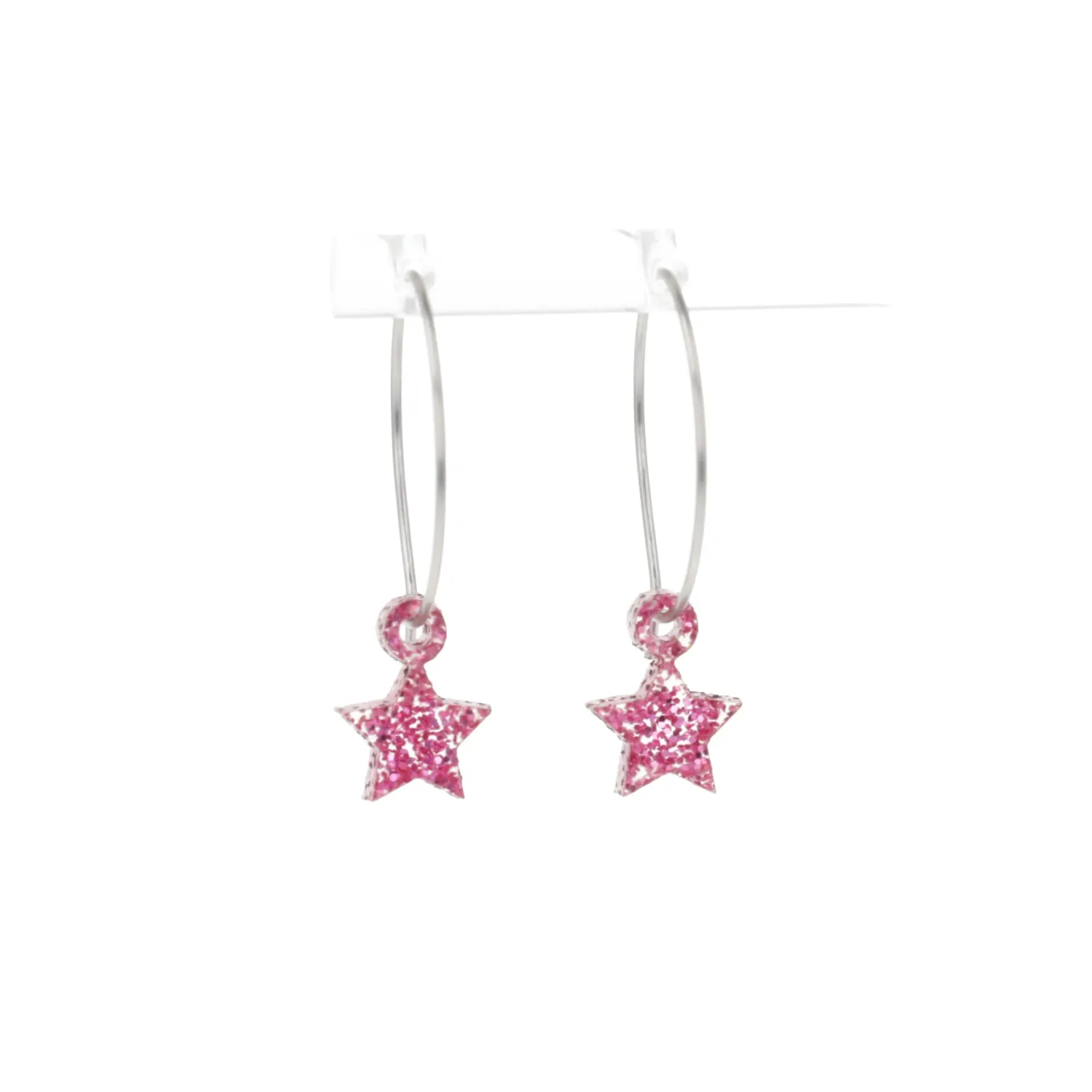 Mini Pink Glitter Star Hoop Earrings