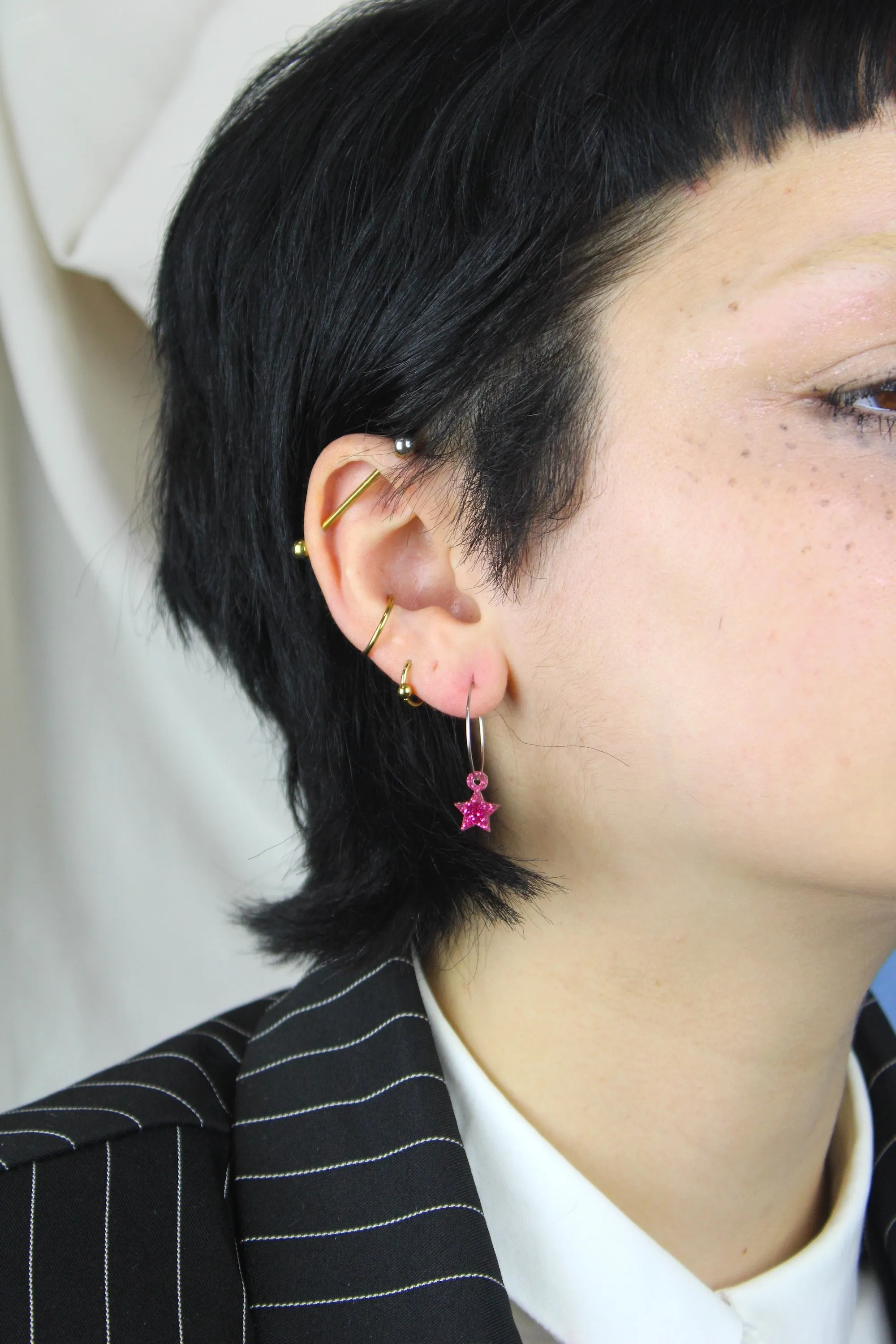 Mini Pink Glitter Star Hoop Earrings