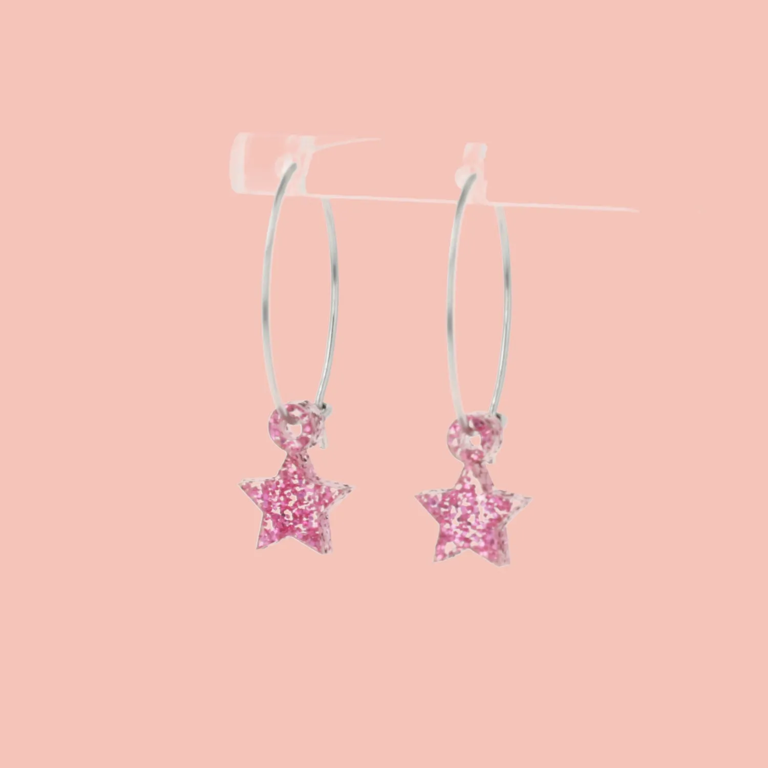Mini Pink Glitter Star Hoop Earrings