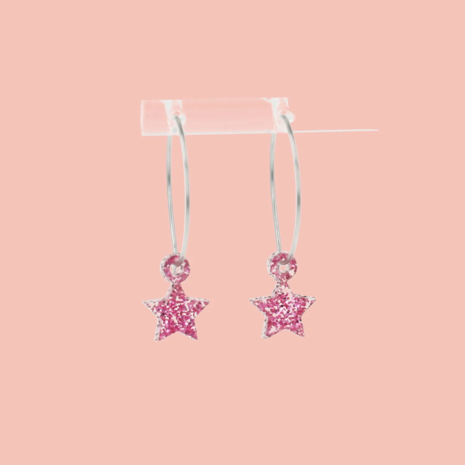 Mini Pink Glitter Star Hoop Earrings