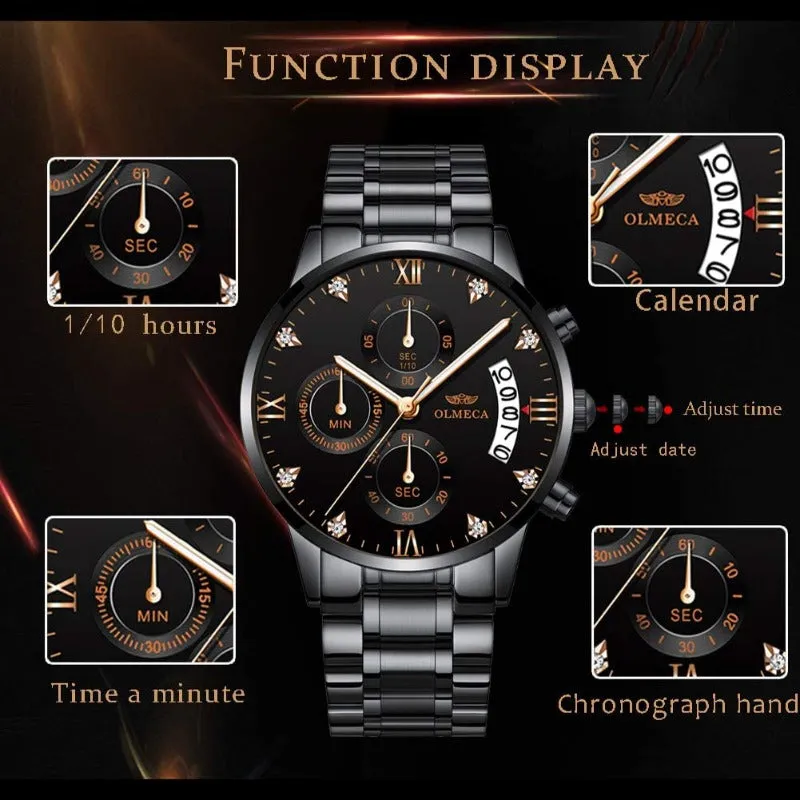 OLMECA Men's Watches Sports Fashion Business Casual Dress Wristwatches Chronograph Dials Calendar Date Window Waterproof Quartz Watches Stainless Steel Band 878