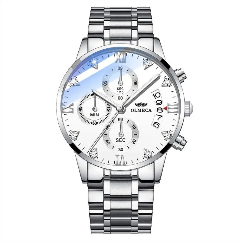 OLMECA Men's Watches Sports Fashion Business Casual Dress Wristwatches Chronograph Dials Calendar Date Window Waterproof Quartz Watches Stainless Steel Band 878