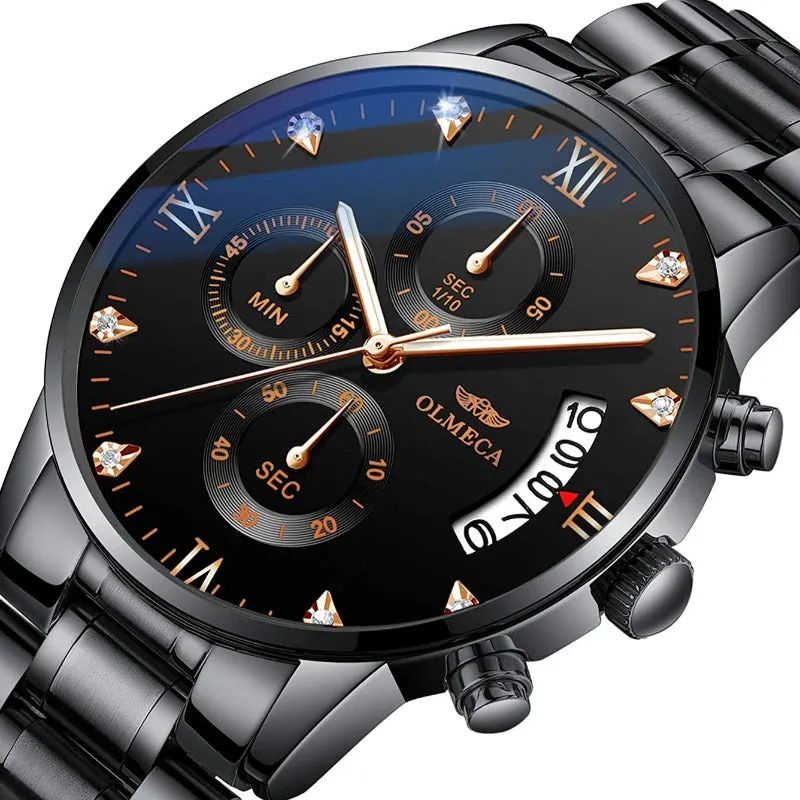 OLMECA Men's Watches Sports Fashion Business Casual Dress Wristwatches Chronograph Dials Calendar Date Window Waterproof Quartz Watches Stainless Steel Band 878