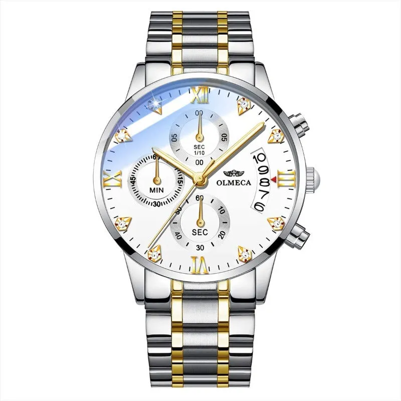 OLMECA Men's Watches Sports Fashion Business Casual Dress Wristwatches Chronograph Dials Calendar Date Window Waterproof Quartz Watches Stainless Steel Band 878
