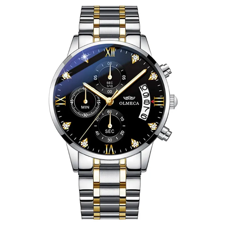 OLMECA Men's Watches Sports Fashion Business Casual Dress Wristwatches Chronograph Dials Calendar Date Window Waterproof Quartz Watches Stainless Steel Band 878