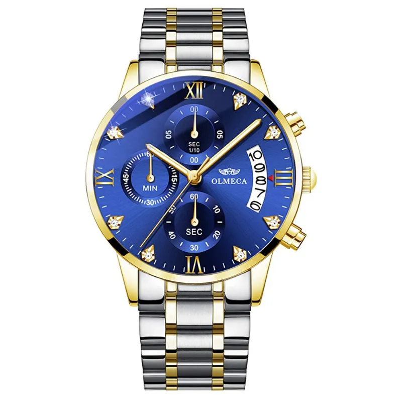 OLMECA Men's Watches Sports Fashion Business Casual Dress Wristwatches Chronograph Dials Calendar Date Window Waterproof Quartz Watches Stainless Steel Band 878